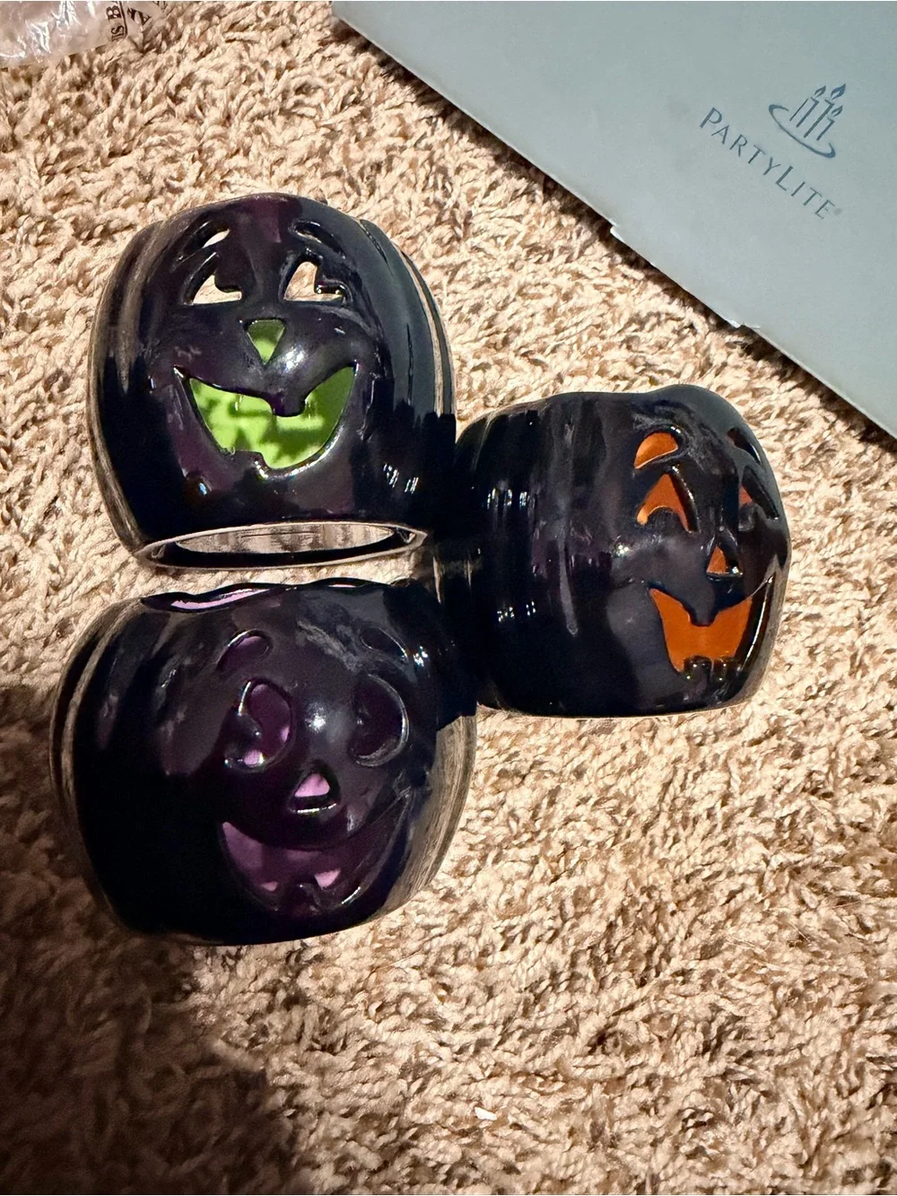 PartyLite Black Pumpkin Votive Trio with Purple, Green & Orange Interiors